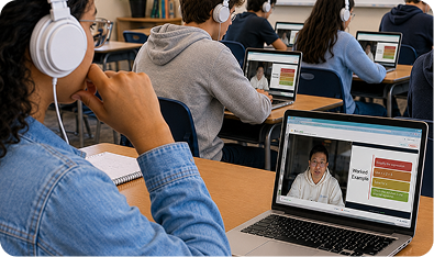 Students using avatar-led learning on laptops in a classroom