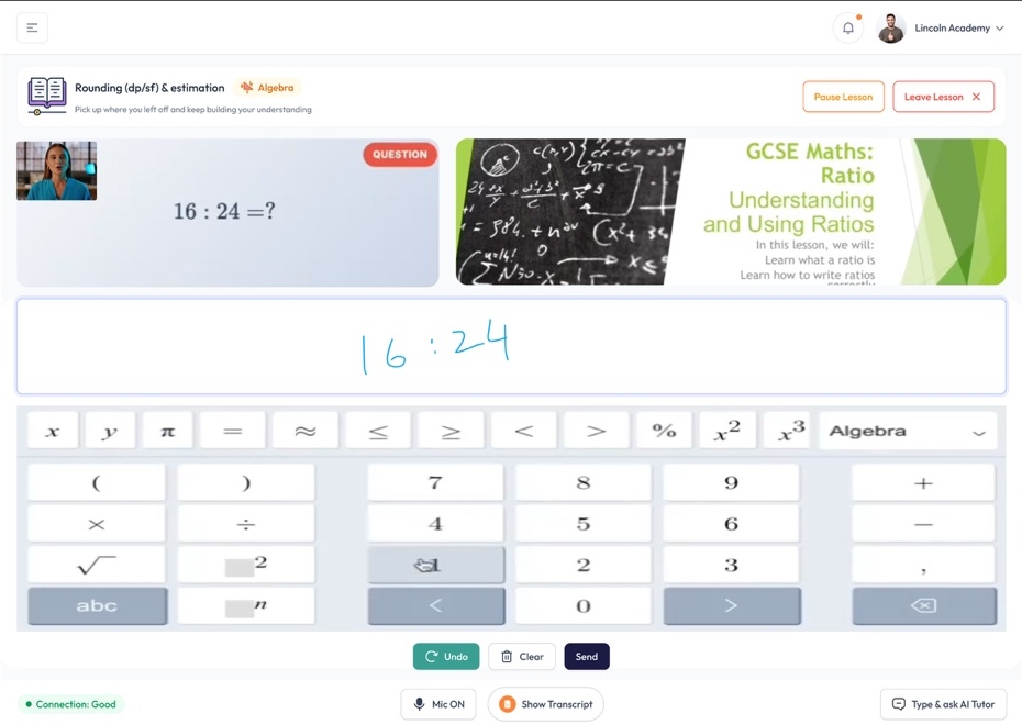 MathaMentor learner workspace with a question, handwriting area and maths input keyboard