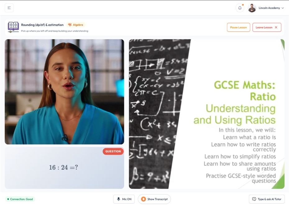 Real MathaMentor lesson screen showing a human-style AI tutor teaching GCSE ratio content